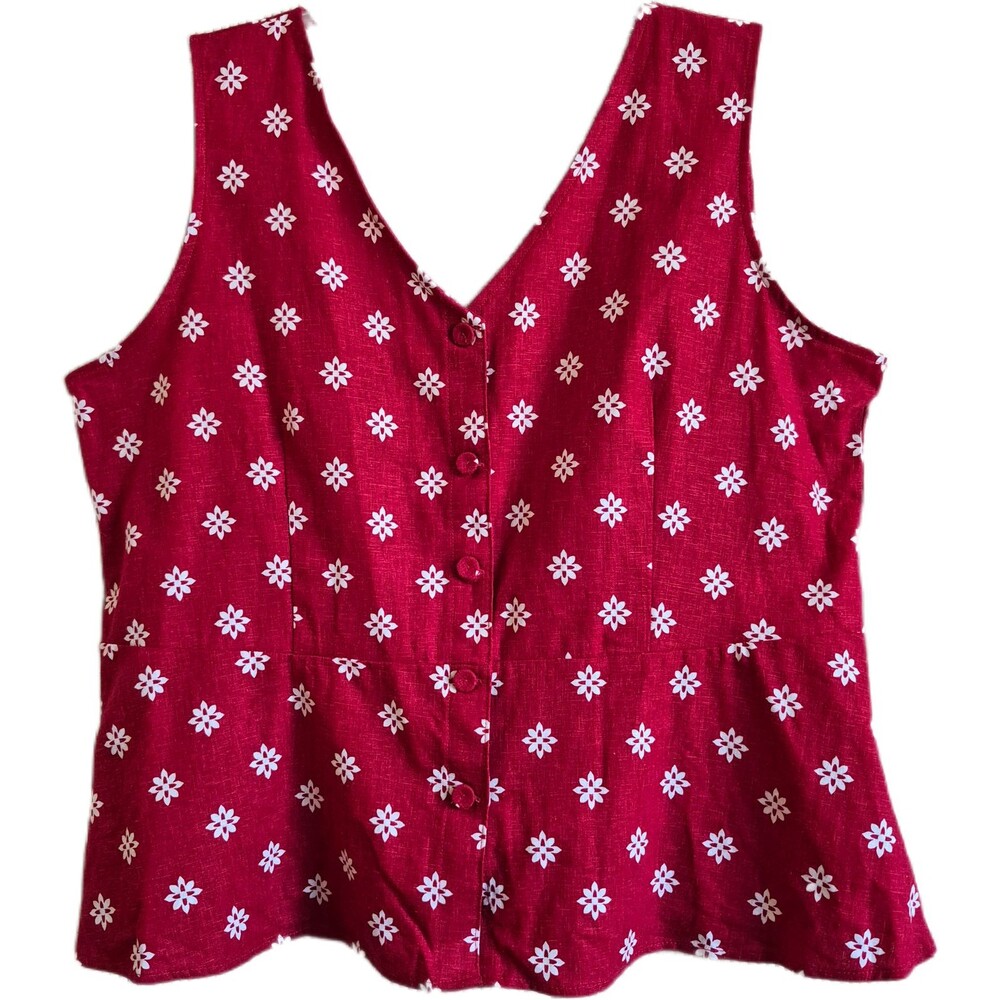 Liz Claiborne Women's Vest Top Size XXL Red Linen Blend Button-Up Peplum NEW